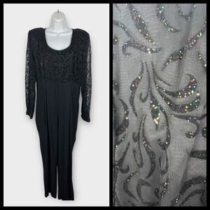 80s evening black and velvet swirl sheer sleeve shimmery‎  jumpsuit Size 14